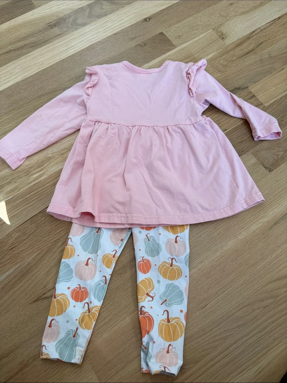 Girls Pink Ruffle Peplum Top & Pumpkin Print Leggings Set